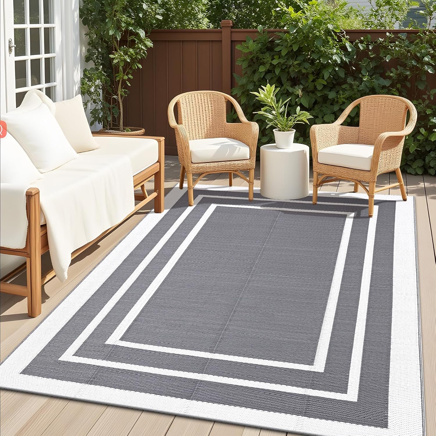 OLANLY Outdoor Rug 5×8 ft Waterproof, Reversible Outdoor Plastic Straw Rug, RV Mat, Indoor Outdoor Carpet Clearance for Patio, Camping, Balcony, Deck, Backyard, Grey & White