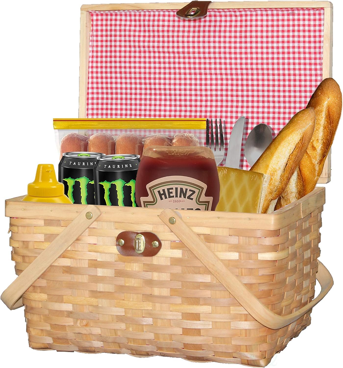 Wickerwise Gingham Lined Woodchip Picnic Basket with Lid and Movable Handles