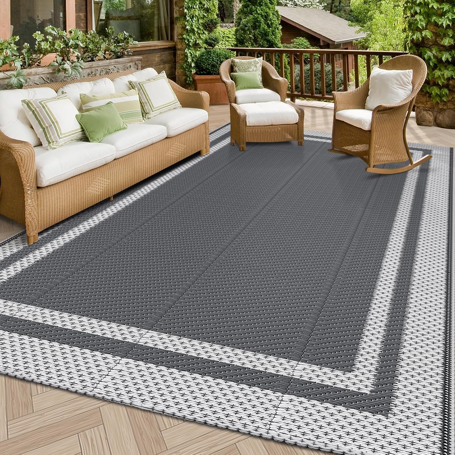 HappyTrends Outdoor Rug Reversible Portable Plastic Straw Camping Rugs for Outside RV,Large Waterproof Outdoor Area Rugs for Patio,Deck,Porch,Balcony(5’x 8′,White&Gray)