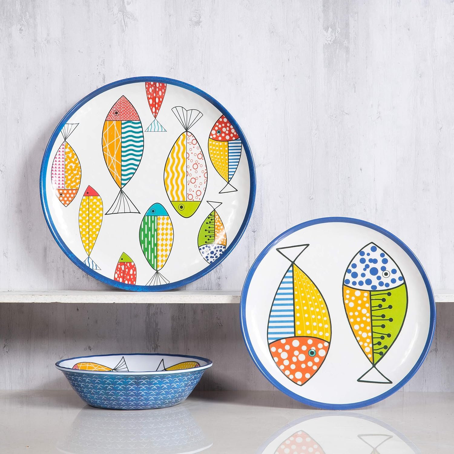 Melamine Dinnerware set for 4,12PCS Fish Plates and Bowls Sets | Coastal Dishes Great for Camper, RV, Indoors Outdoors Use with Ocean Printed, Unbreakable and Dishwasher Safe，Multicolor