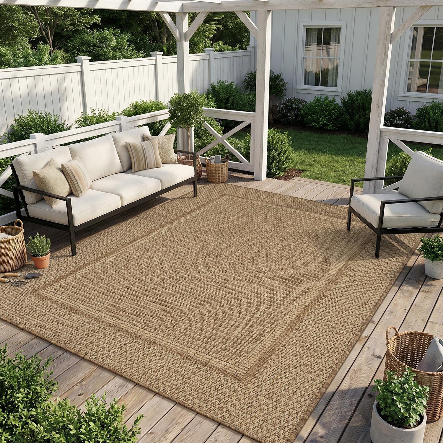 MontVoo-Outdoor Rug-Patio Rug 5×7 ft Polypropylene Indoor Outdoor Rugs Outdoor Carpet for Patio Deck Balcony Porch, Textured Weave, Durable for High Traffic, Fade-Resistant, Modern Neutral Brown