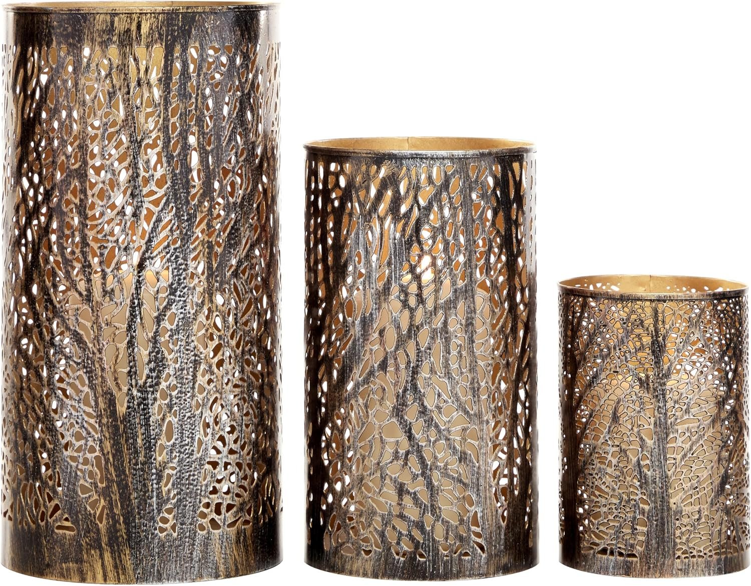 Deco 79 Metal Indoor Outdoor Candle Lantern 12″, 9″, 5″H, Brushed Bronze | Elevate tabletops, metal candle holder set, candle holder decor, small candle holders, tree cutout design