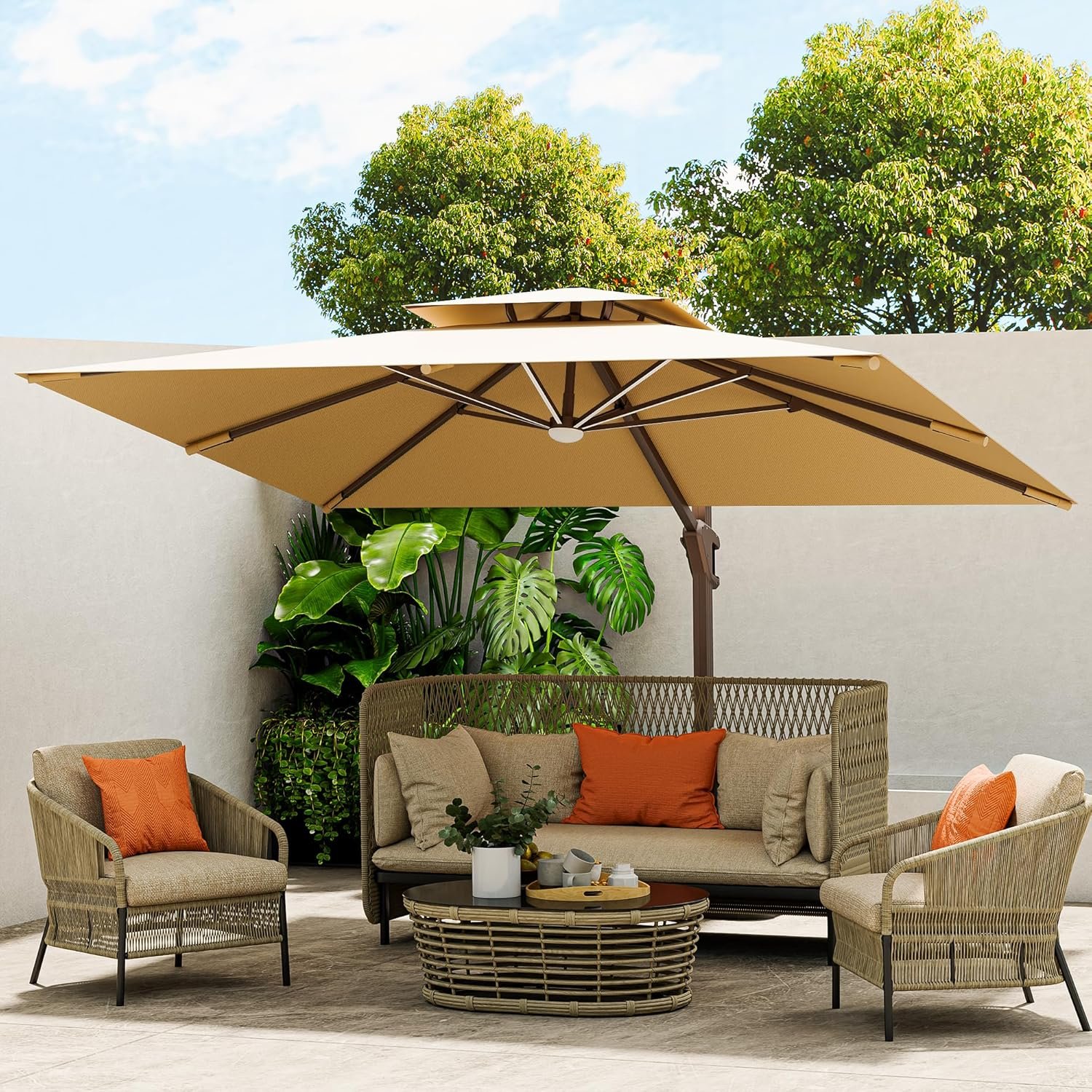10 X 13 FT Cantilever Outdoor Patio Umbrella with LED Lights Large Heavy Duty 360° Rotation Double Top Offset Rectangular Umbrellas for Backyard Garden Pool Outside Deck, Beige
