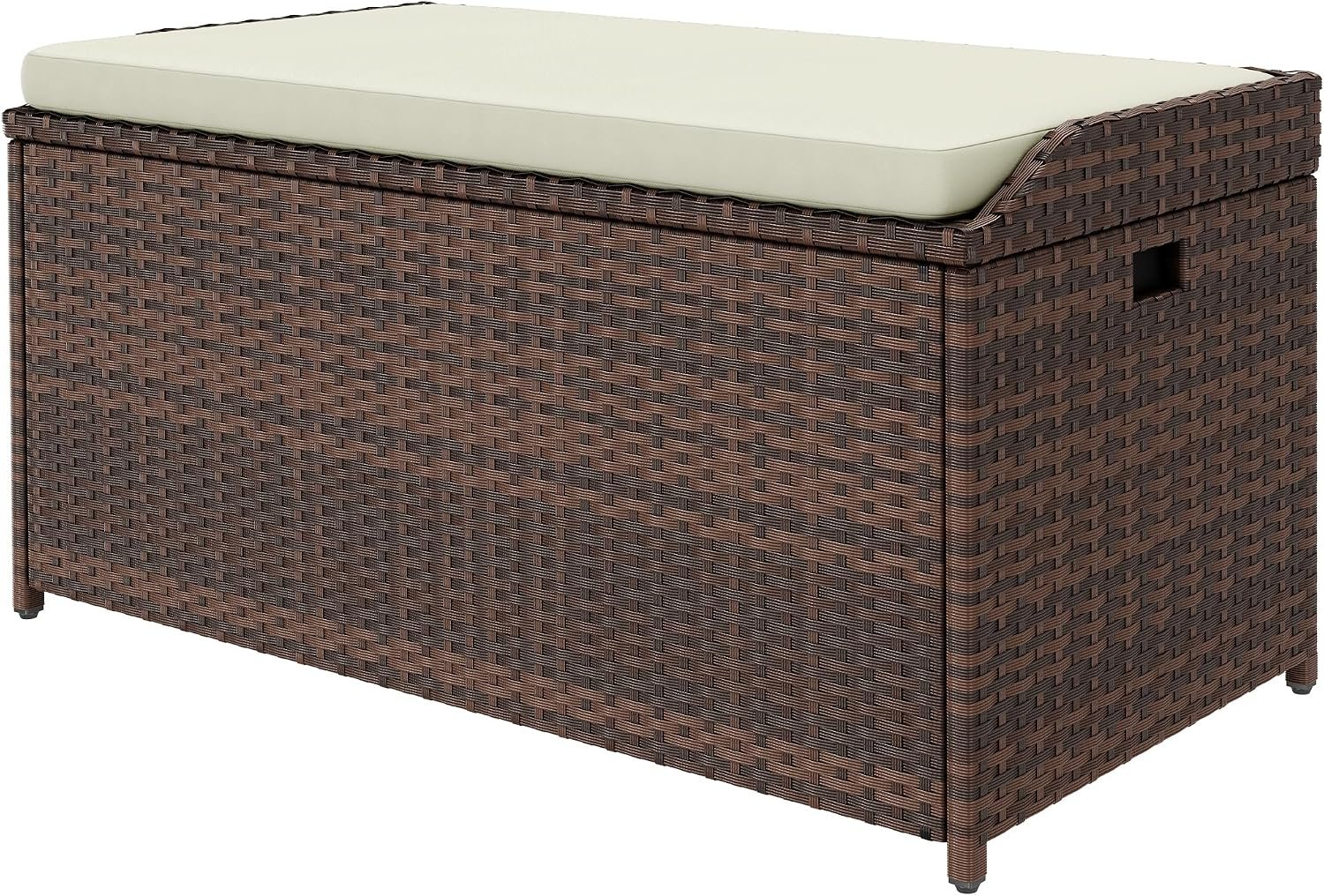DWVO Outdoor Storage Bench, 70 Gallon Patio Storage Box w/Handles and Soft Cushion,PE Rattan Benches for Outside, Patio, Yard, Lawn, Garden,Brown | Deck Box w/Handles and Soft Cushion,PE Rattan Benches for Outside, Patio, Yard, Lawn, Garden,Brown