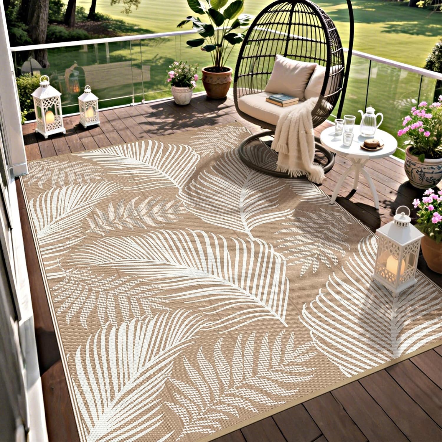 Pauwer Waterproof Outdoor Rug 5×8, Plastic Straw Patio Rug, Leaf Brown | Reversible Camping Rug, UV Resistant Indoor Outdoor RV Mat Carpet For Deck, Camper, Porch, Balcony, Backyard, Picnic