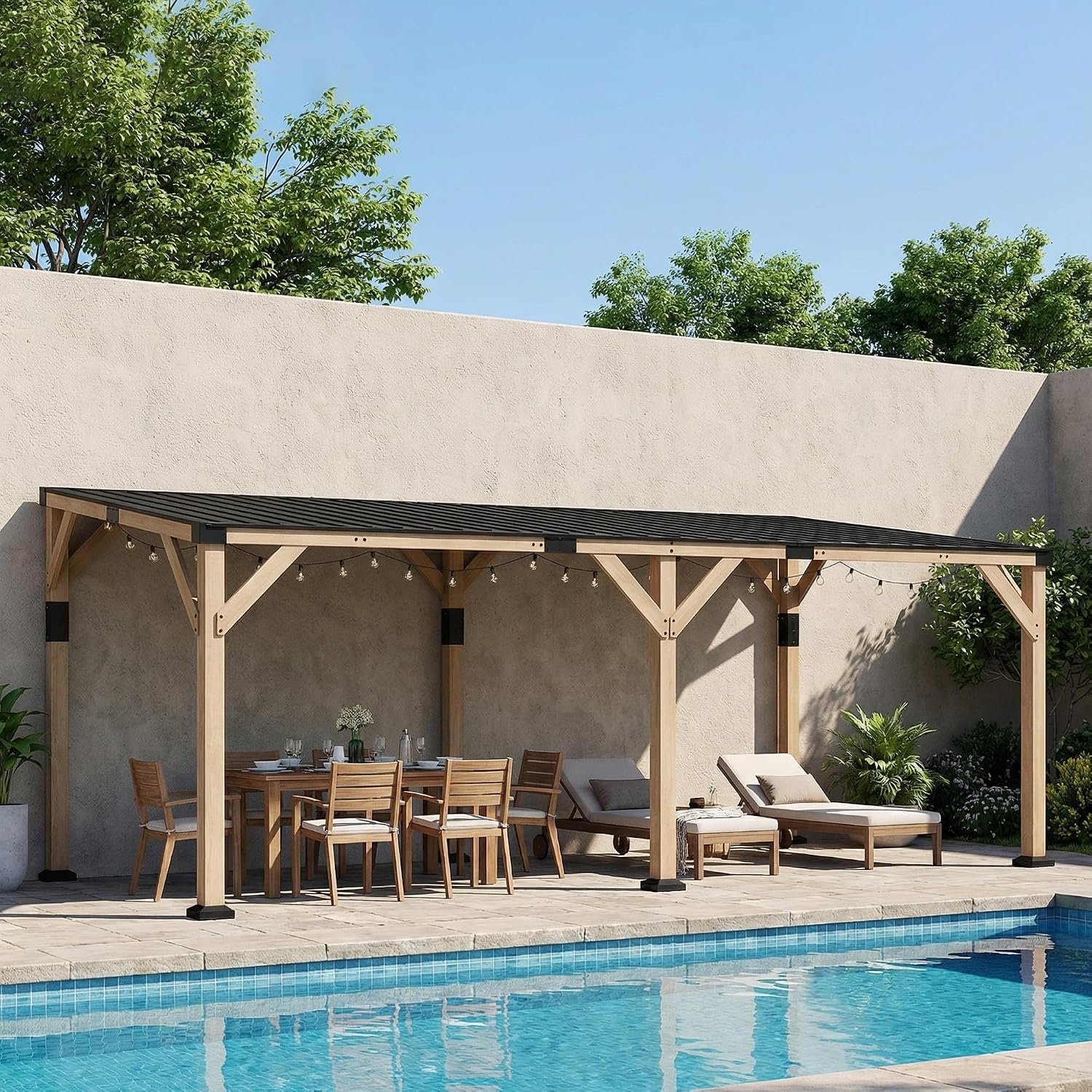 Outsunny 10′ x 20′ Wooden Gazebo, Hardtop Lean-to Gazebo Pergola with Galvanized Steel Sloped Roof, Large Heavy Duty Awning for Patio, Deck, Backyard, Light Walnut