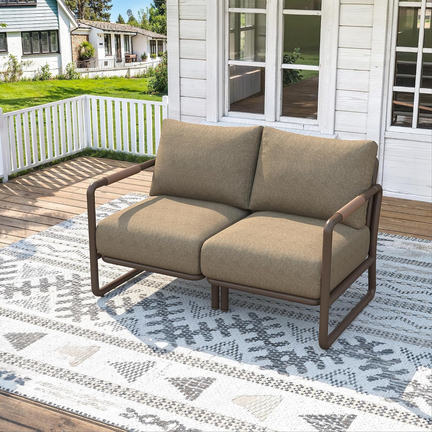 2-Seater Outdoor Aluminum Loveseat with Cushions, Patio Sofa for Balcony, Deck, Backyard, Garden, Deep Seating Couch for Conversation & Relaxation, Brown