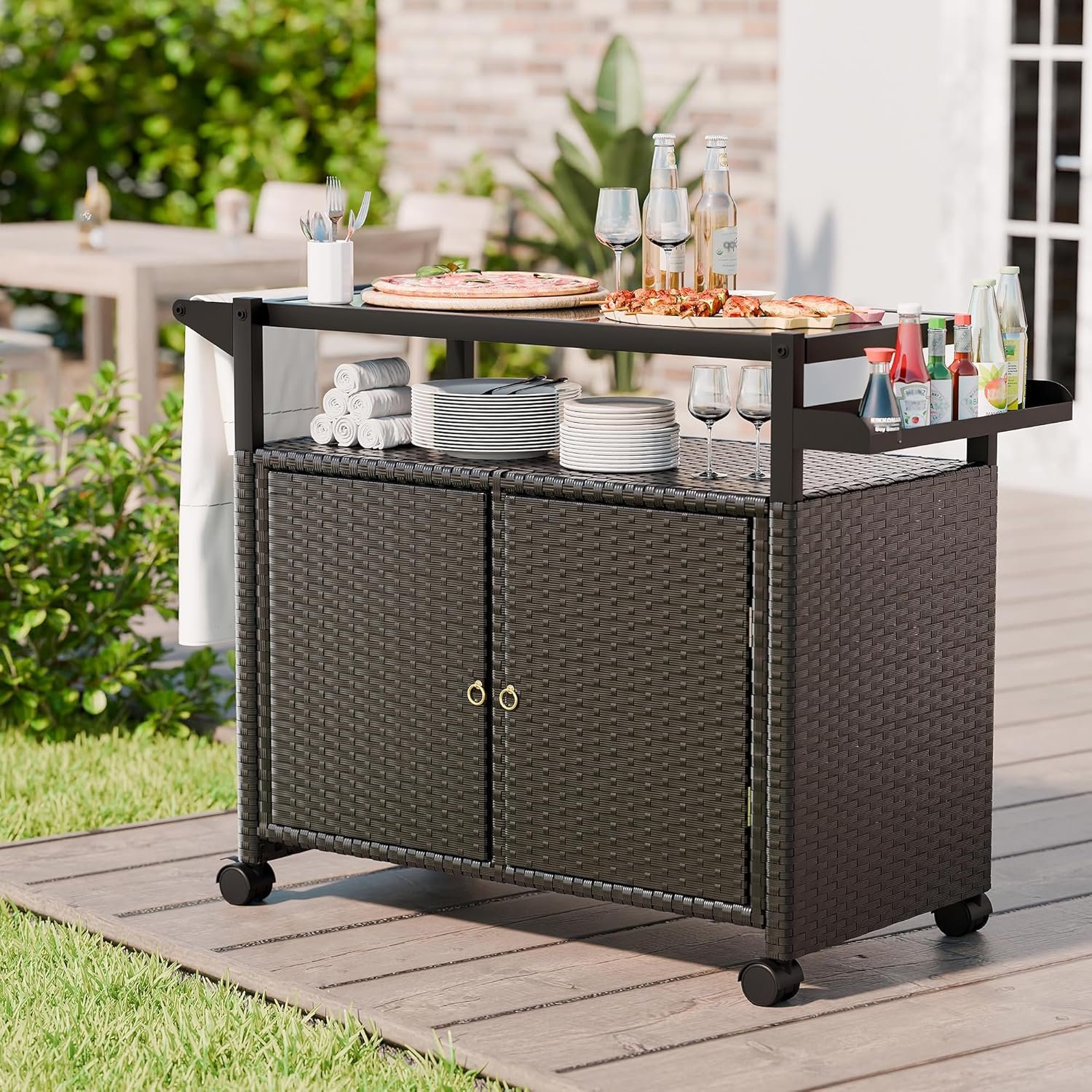 MU Outdoor Bar Cart with Storage and Wheels, Outdoor Bar Table with Tempered Glass Top & Shelf, Rolling Wicker Storage Cabinet with Rounded Handle & Side Basket for Backyard, Poolside, Garden, Black