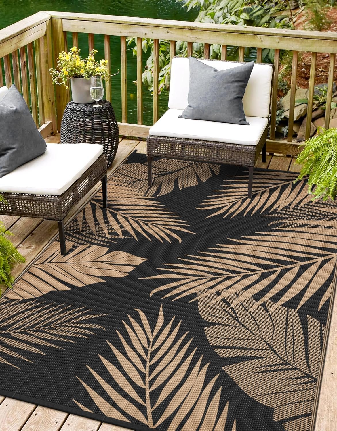 sarben Outdoor Rug, Waterproof Plastic Rugs for Patio, 4’x6′ Black Brown | Outside Larger Leaf Carpet Mat for Porch Decor, Deck, Balcony, Camping, RV, Backyard, Picnic, Beach, Reversible, Foldable
