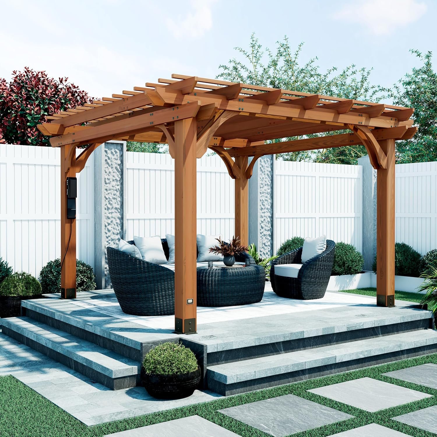 Backyard Discovery Beaumont 12′ x 12′ Traditional Cedar Wood Pergola Kit with Trellis Roof, All-Season Durability, High-Wind Rating, PowerPort, Shade for Outdoor Patio, Deck, Garden, and Entertaining
