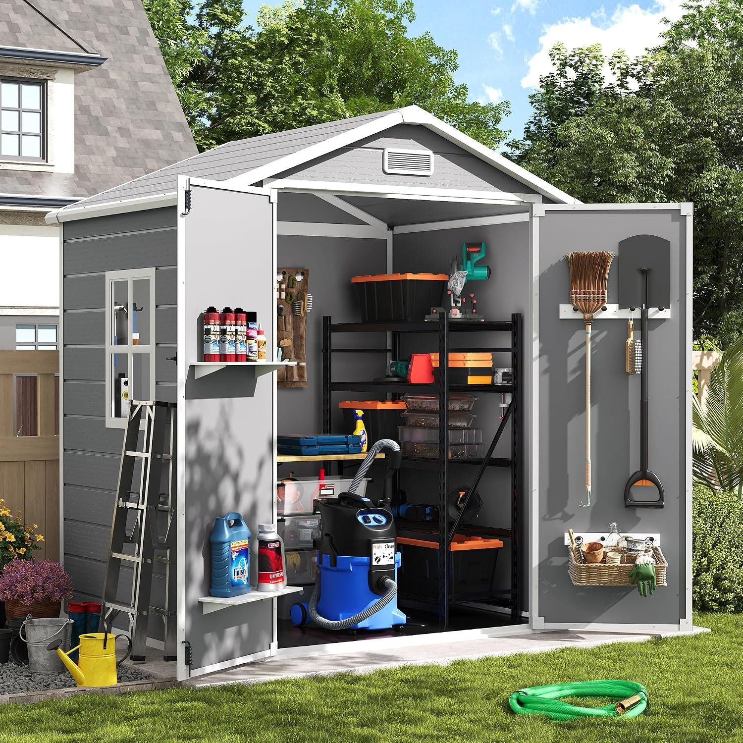 Amopatio Outdoor Storage Shed with Floor, 6×4.5 FT Lockable Plastic Tool Shed with Ventilation, Waterproof Resin Garden Sheds for Backyard, Patio, Lawn and Bike Grey