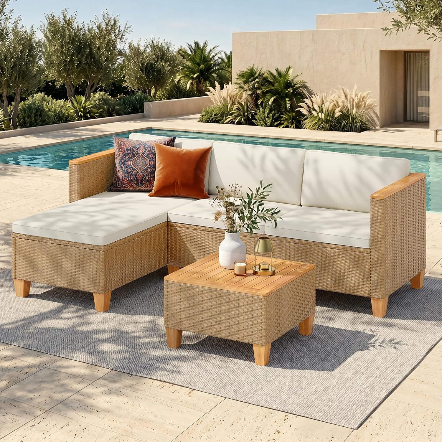HERA’S HOUSE 3-Piece Wicker Rattan Patio Sectional Set, 4-Seat, Yellow | Coffee Table, Modular Design, All-Weather, For Garden, Backyard, Balcony