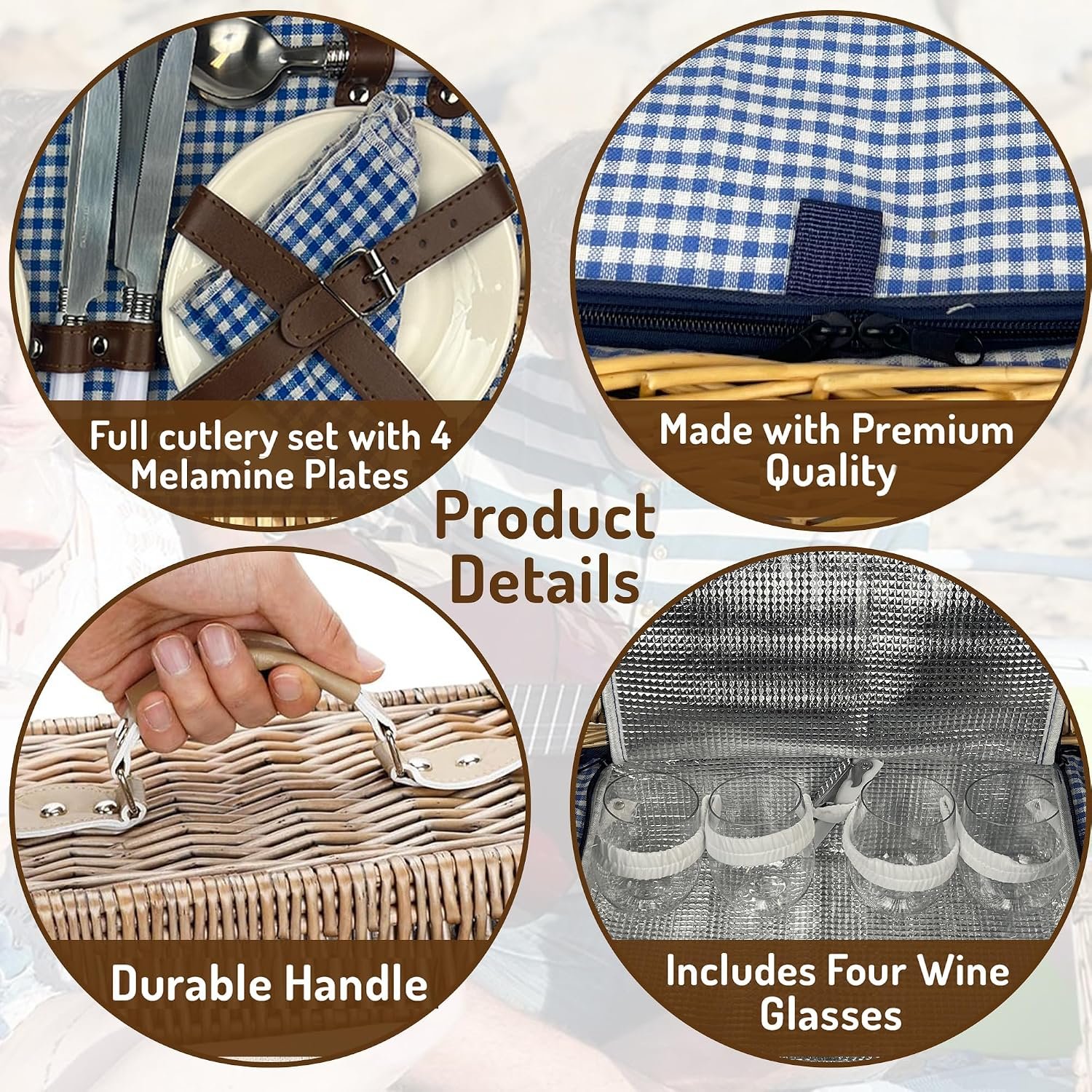 Nature Gear Picnic Basket, Wicker Basket with Handle for Outdoors, Insulated Woven Basket, Includes a Service Kit of Dinnerware & Wine Glasses, Picnic Basket Set for 4 with Blanket, Blue & White