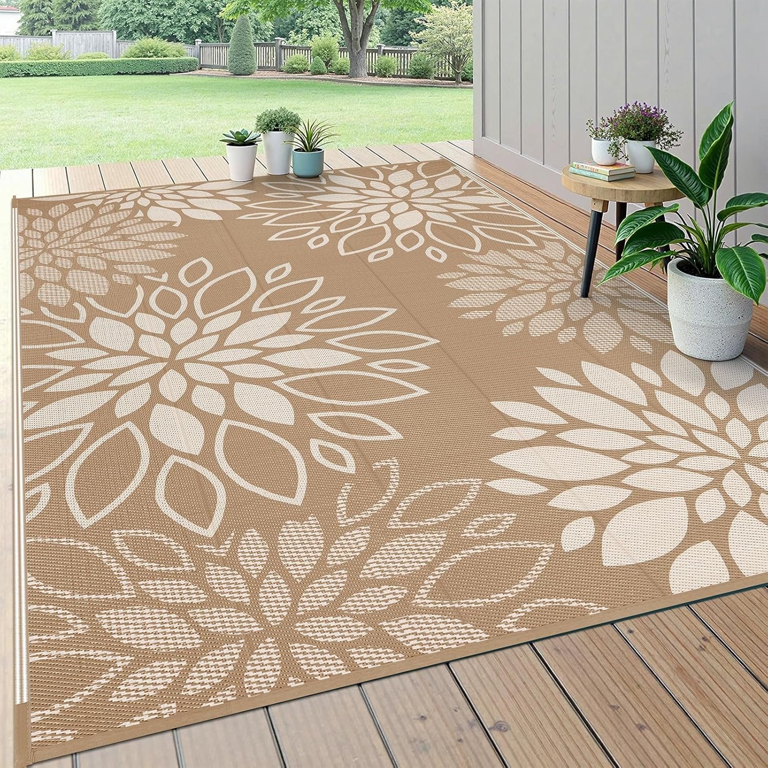 HEBE Waterproof Outdoor Rug 5×8 for Patios, Floral Reversible Plastic Straw Rug Patio Mat, Indoor Outdoor Carpet RV Mat Camping Rug for Deck, Camper, Porch, Balcony, Backyard, Picnic