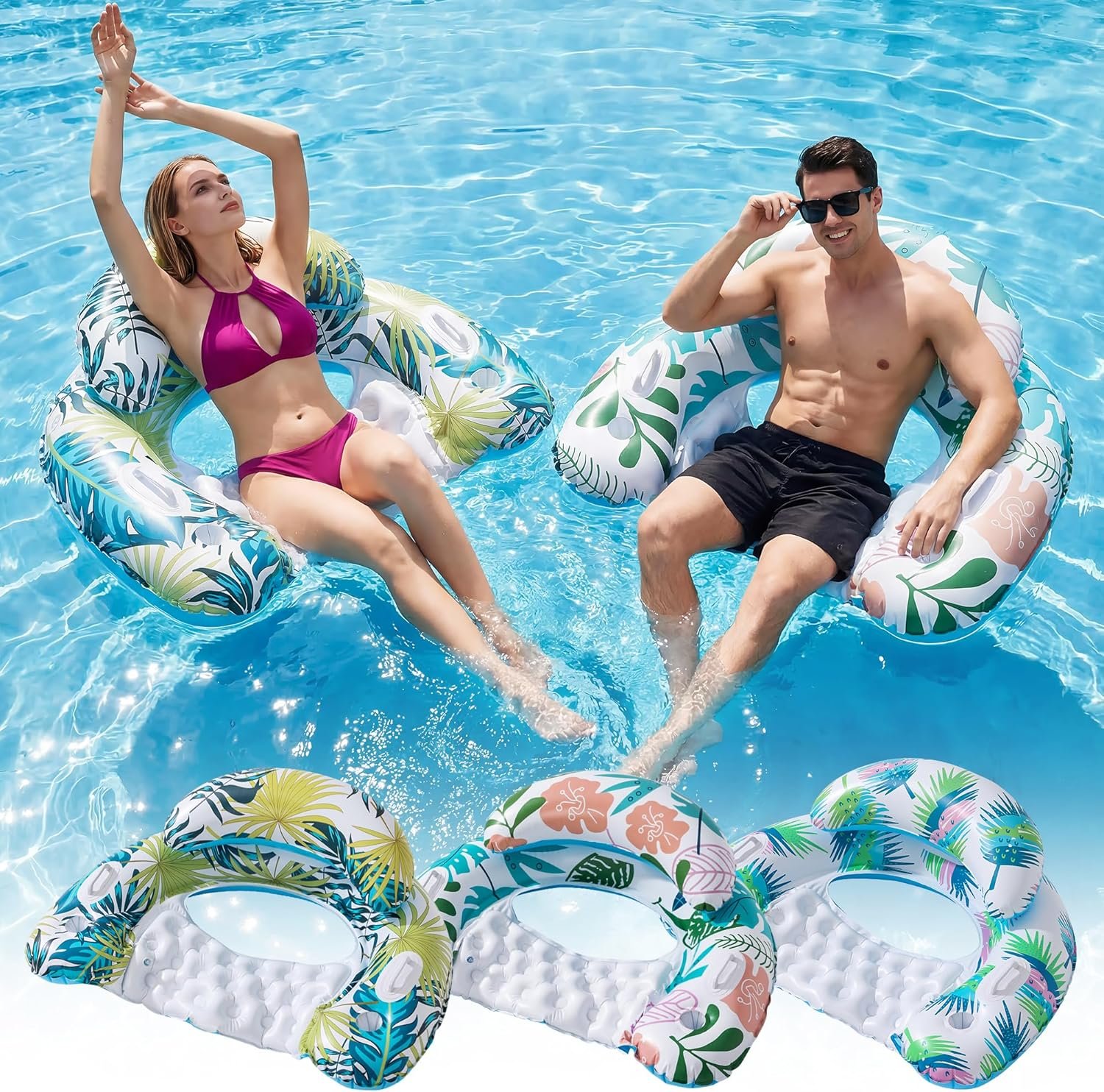 3 Pack Pool Floats Adult, OKSUWATER Pool Floaties with Two Cup Holders & Handles, Inflatable Pool Floats Chairs, Lake Floats Applies to Swimming Pool Party Summer Lake Water Fun