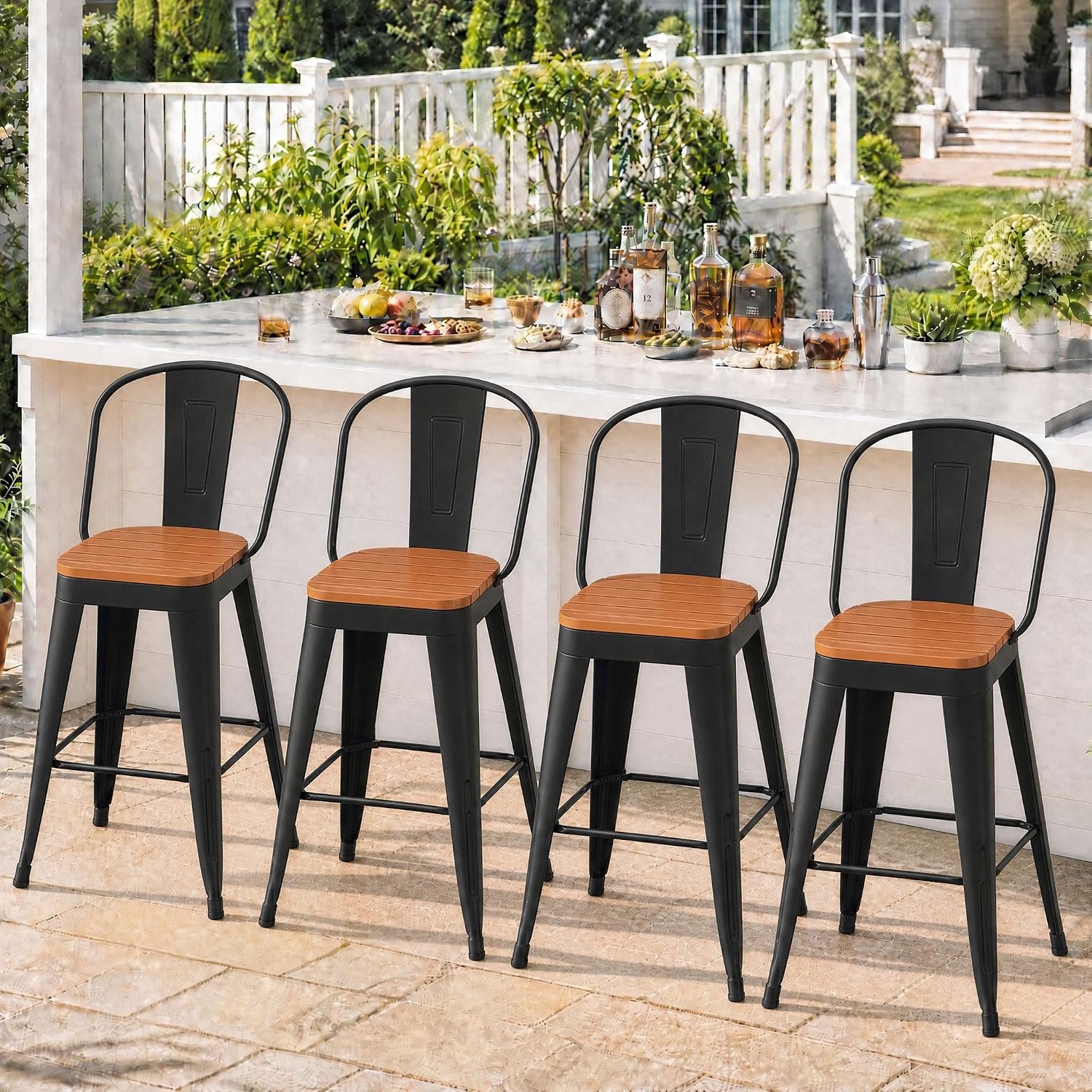Outdoor Metal Bar Stools Set of 4,24 inch Barstools Counter Height Bar Stool with High Back Farmhouse Kitchen Dining Chairs Bar Funiture for Outside