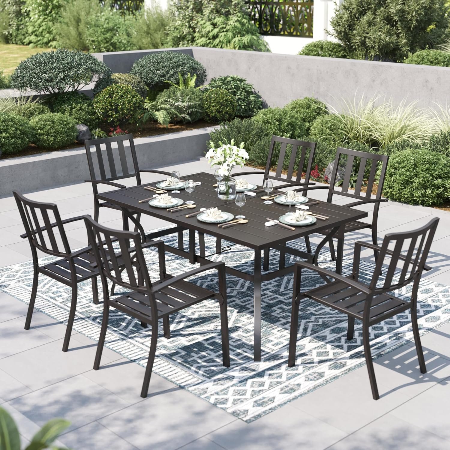 PHI VILLA 7pcs Outdoor Table and Chairs,60” Rectangular Table w/Umbrella Hole