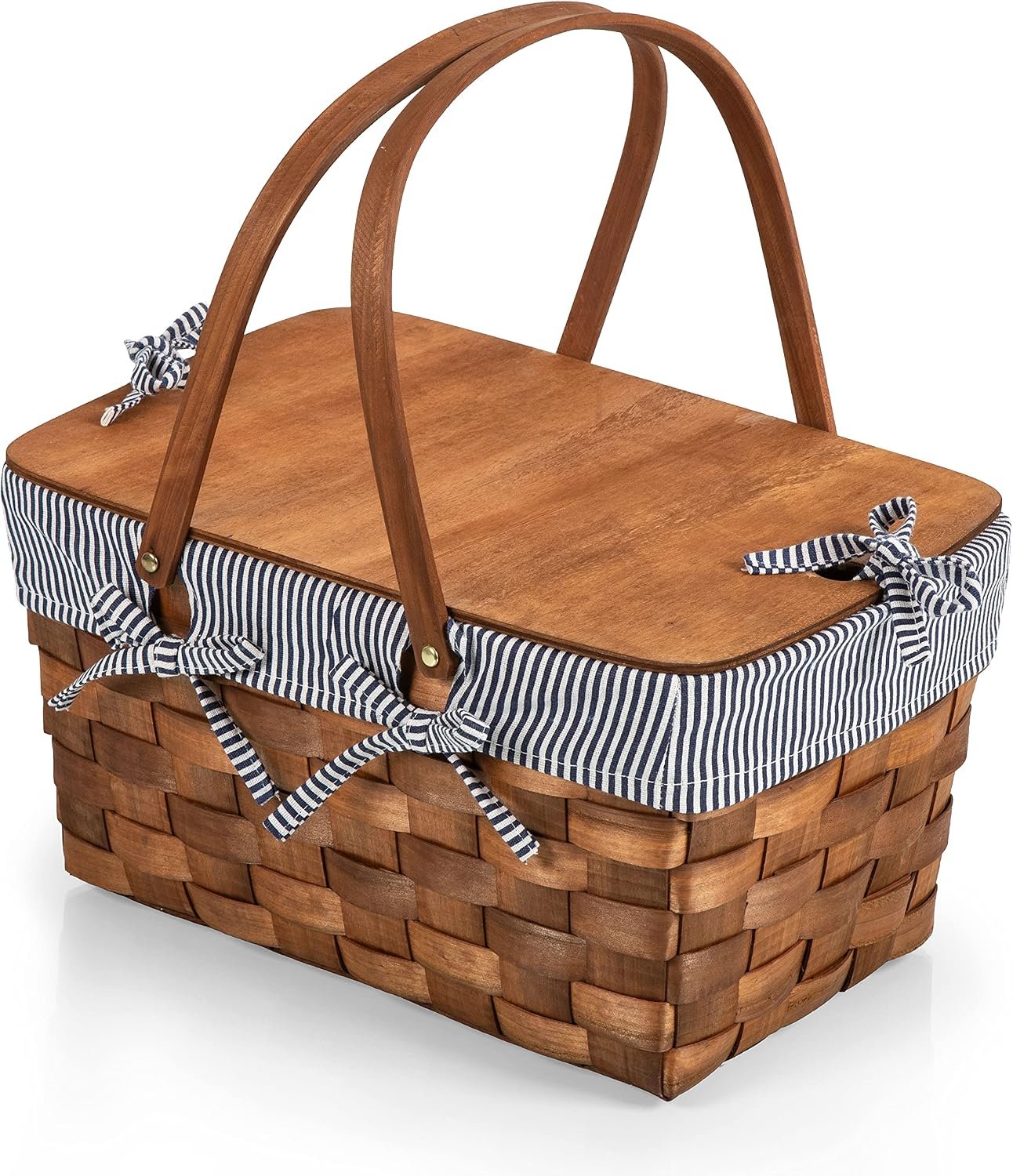 PICNIC TIME Kansas Handwoven Wood Picnic Basket, Sturdy Woven Wicker Basket with Tabletop Lid and Removable and Washable Polycotton Vintage-Style Liner, (Navy Blue & White Stripe)