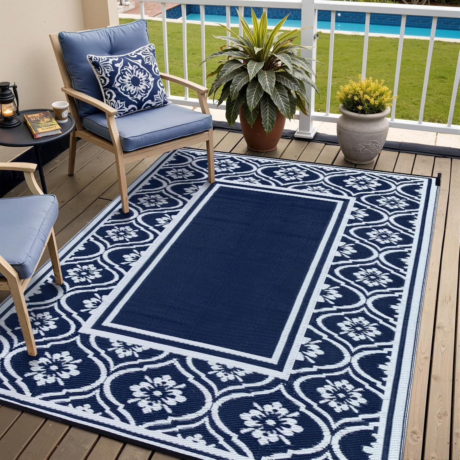 HUGEAR Outdoor Patio Rug 5’x8′ Waterproof Outside Area Rugs Blue Reversible Plastic Straw Carpet for RV Deck Camping Entryance Porch Picnic Balcony Beach