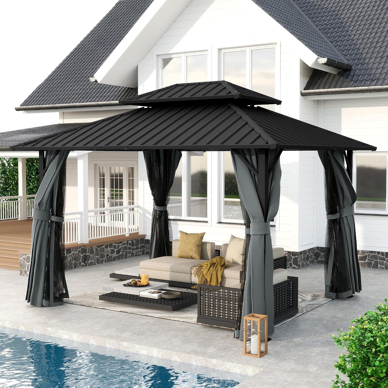HAPPATIO 10’x12′ Outdoor Hardtop Gazebo, Aluminum Gazebo with Double Galvanized Steel Roof, Curtains and Netting for Patio, Backyard, Deck, Lawn, Easy Assembly (Grey)