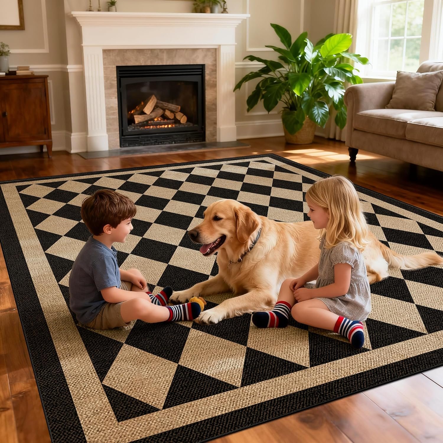 Washable Checkered Easy Jute Rug 5×7, Black Checkerboard Geometric Modern Outdoor Indoor Patio Large Rugs, Woven Thin Carpet Mat for Living Dining Room Bedroom Classroom Kids Nursery Play Room