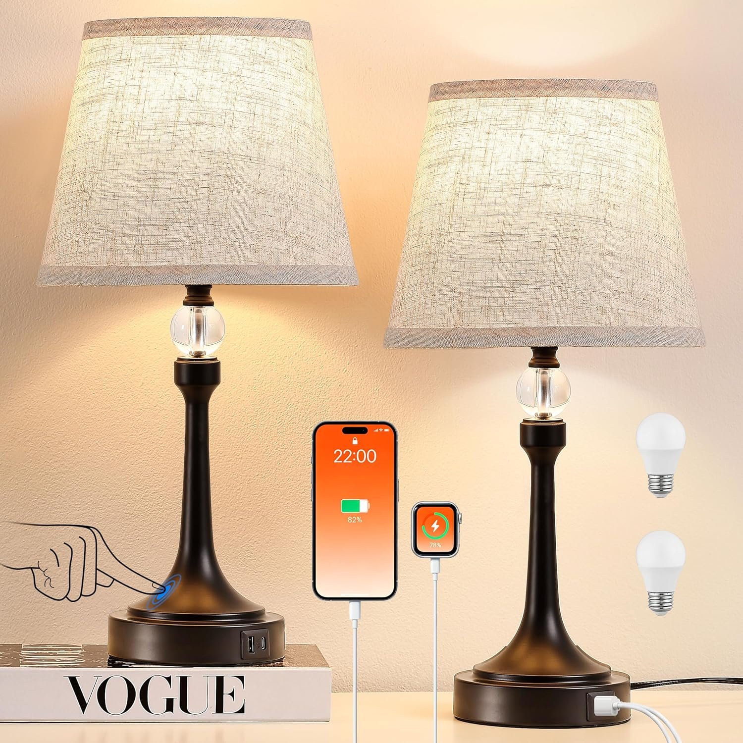 Touch Table Lamp Set of 2 with USB C+A Ports-Black 19.7” | 3 Way Dimmable Table Lamps for Living Room, Metal Small Lamp for Bedroom, Office, End Table, Home Decor, Bulbs Included