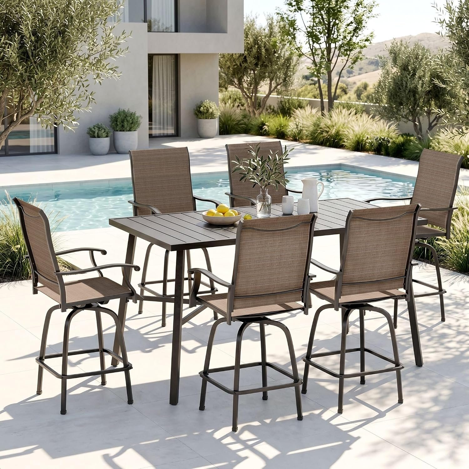 PHI VILLA 7 Piece Bar Height Patio Dining Set High Top | Outdoor Table and Chairs Patio Furniture Set with 6 Patio Swivel Bar Stools & 40″ H Table for Garden Yard Terrace