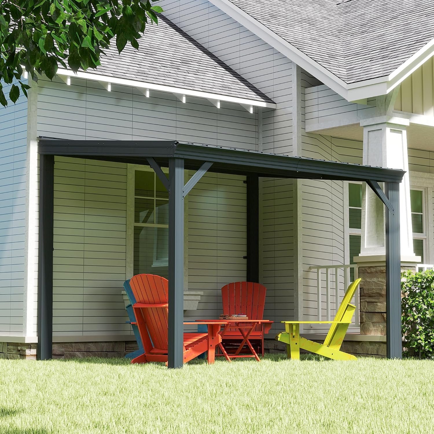 Domi 8′ x 10′ Lean to Gazebo, Wall Mounted Gazebos Pergola with Built in Drainage System, Galvanized Steel Roof, Hardtop Patio Shelter for Deck, Porch, Backyard and More