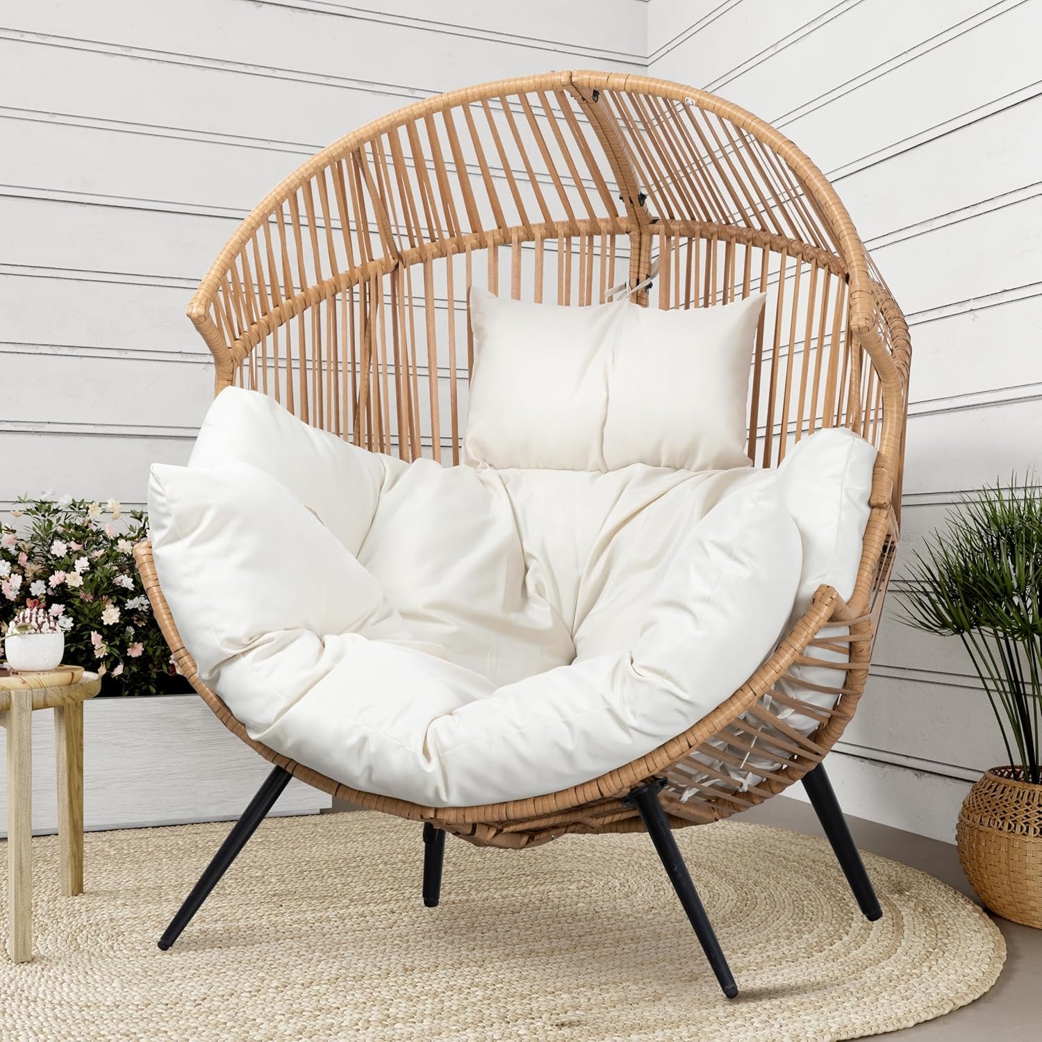 Shintenchi Wicker Egg Chair Outdoor Rattan Patio Chair with Cushion, Oversized Patio Lounge Chairs Egg Basket Chair, Egg Seat for Indoor Living Room Bedroom Outside Patio Backyard Balcony