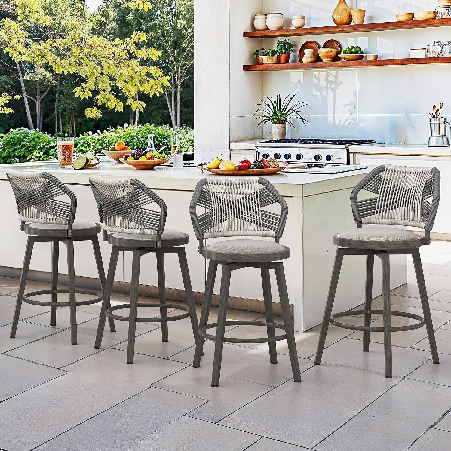 Cozyman 360° Swivel Outdoor Bar Stools Set of 4, Boho Aluminum Wicker Bar Stool with Olefin Rope Curved Backrest and Circular Cushion, Bar Stools for Patio, Garden, Kitchen, Grey