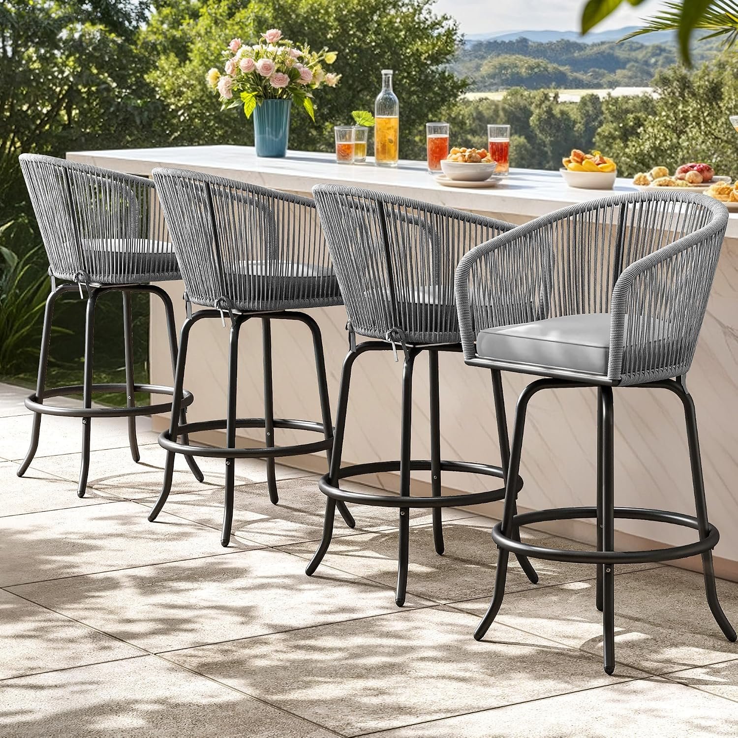 YITAHOME Counter Height Bar Stools Set of 4, Outdoor Bar Stools with Soft Cushions, Patio Rattan Swivel Bar Chairs for Backyard Poolside, Garden w /360 Rotation (Gray)