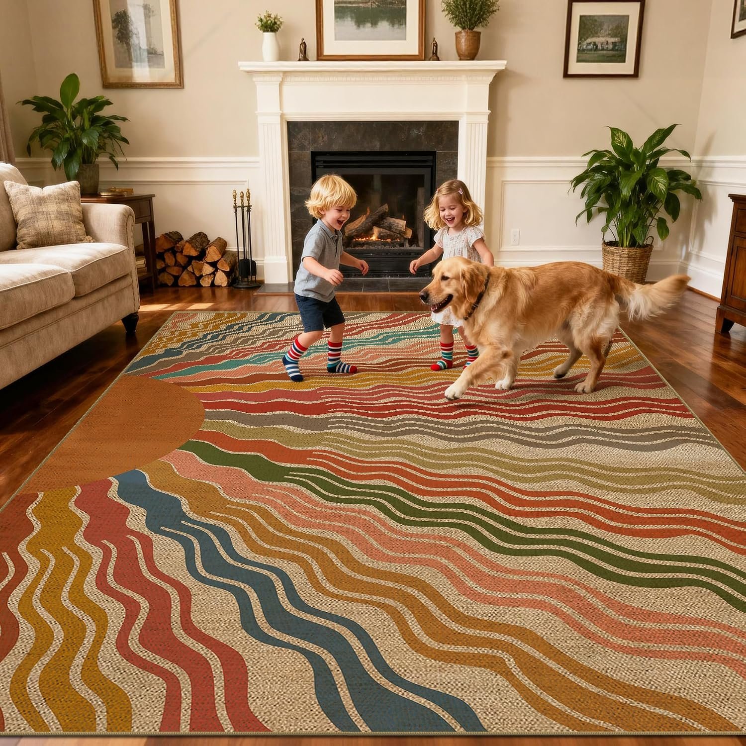 Washable 5×7 Rainbow Sun Easy Jute Indoor Outdoor Area Rug for Living Room | Colorful Modern Boho Retro Large Rug, Woven Ultra Thin Non Slip Carpet Mat for Bedroom Kids Play Room Kitchen Patio Backyard