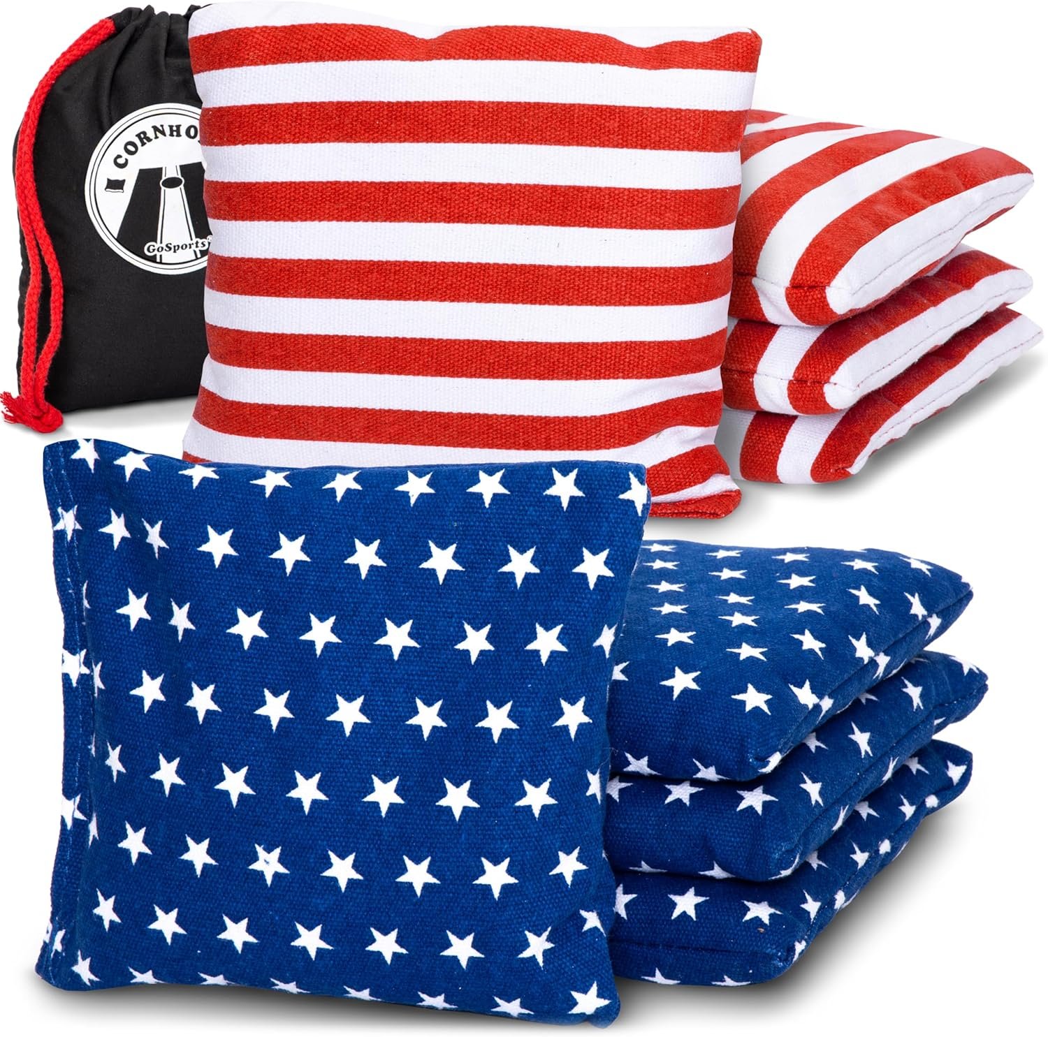 GoSports Official Regulation Cornhole Bean Bags Set of 8 – for Competitive Cornhole Games – All Weather – American Stars and Stripes or Red and Blue