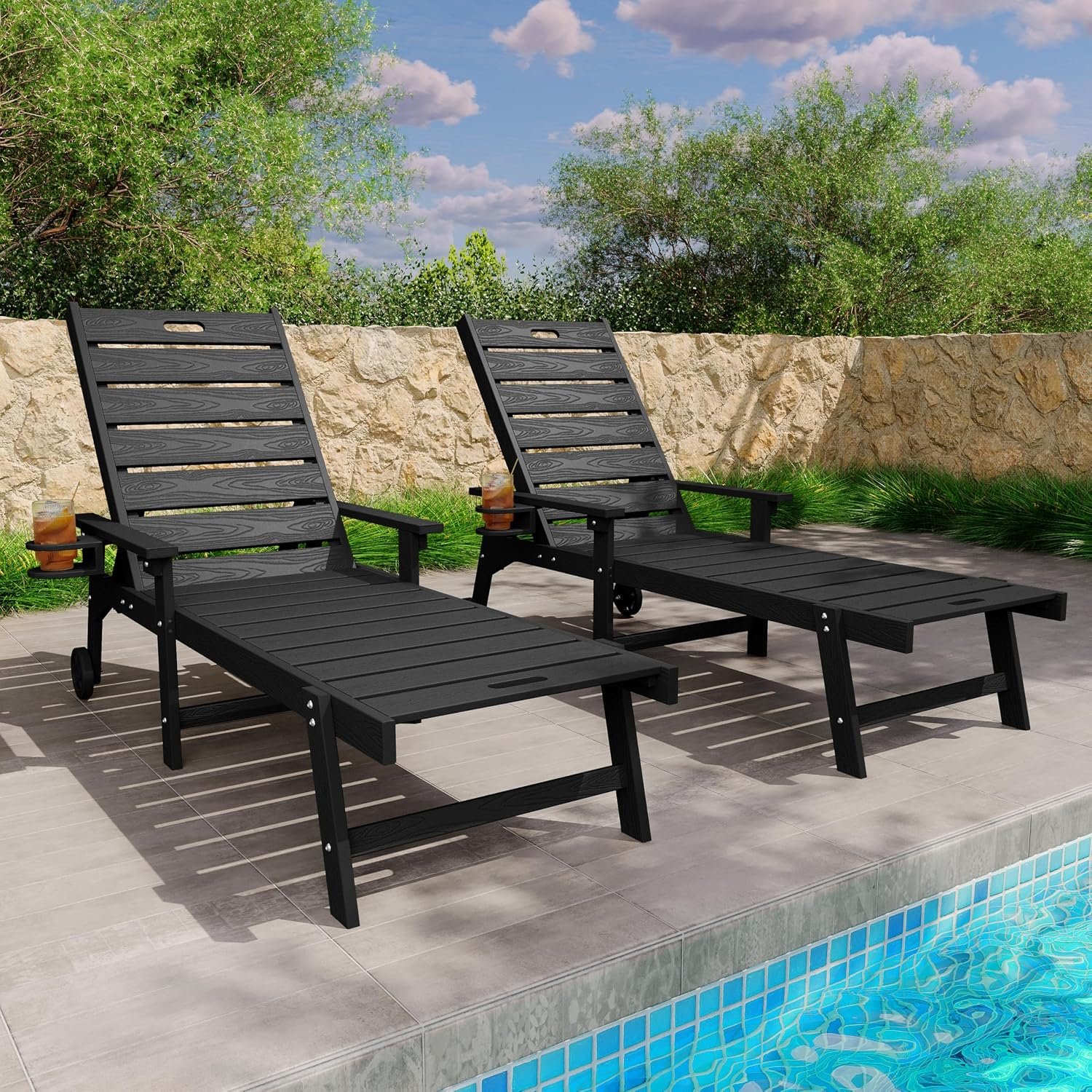 YEFU Lounge Chair Outdoor Set of 2, HIPS Chaise Lounge Outdoor, Black | Lounge Chair with Wheels & Cup Holder, 5-Level Adjustable Backrest,Weather Resistance, Easy to Assemble, For Patio/Beach/Pool