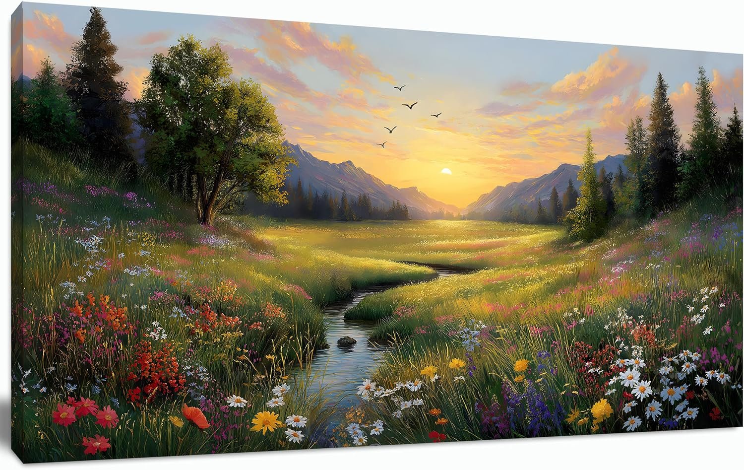 Tarfupth Large Green Landscape Canvas Wall Art for Living Room Sunset Mountain Wildflowers Canvas Prints Nature Scenery Artwork for Bedroom Office Home Decor 20″x40″
