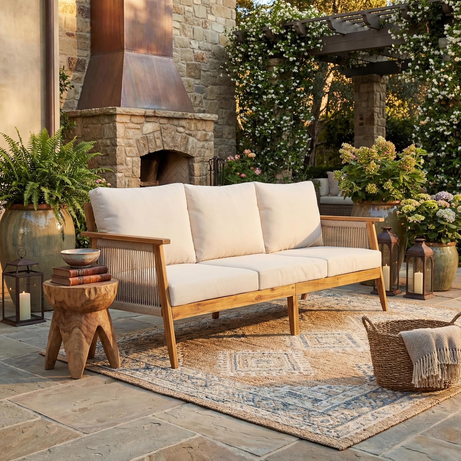 Christopher Knight Home Outdoor 3 Seater Patio Sofa with Acacia Wood Frame and Rope Weave Design, Cushioned Garden Couch with Removable Covers for Patio Deck Balcony, Teak and Beige
