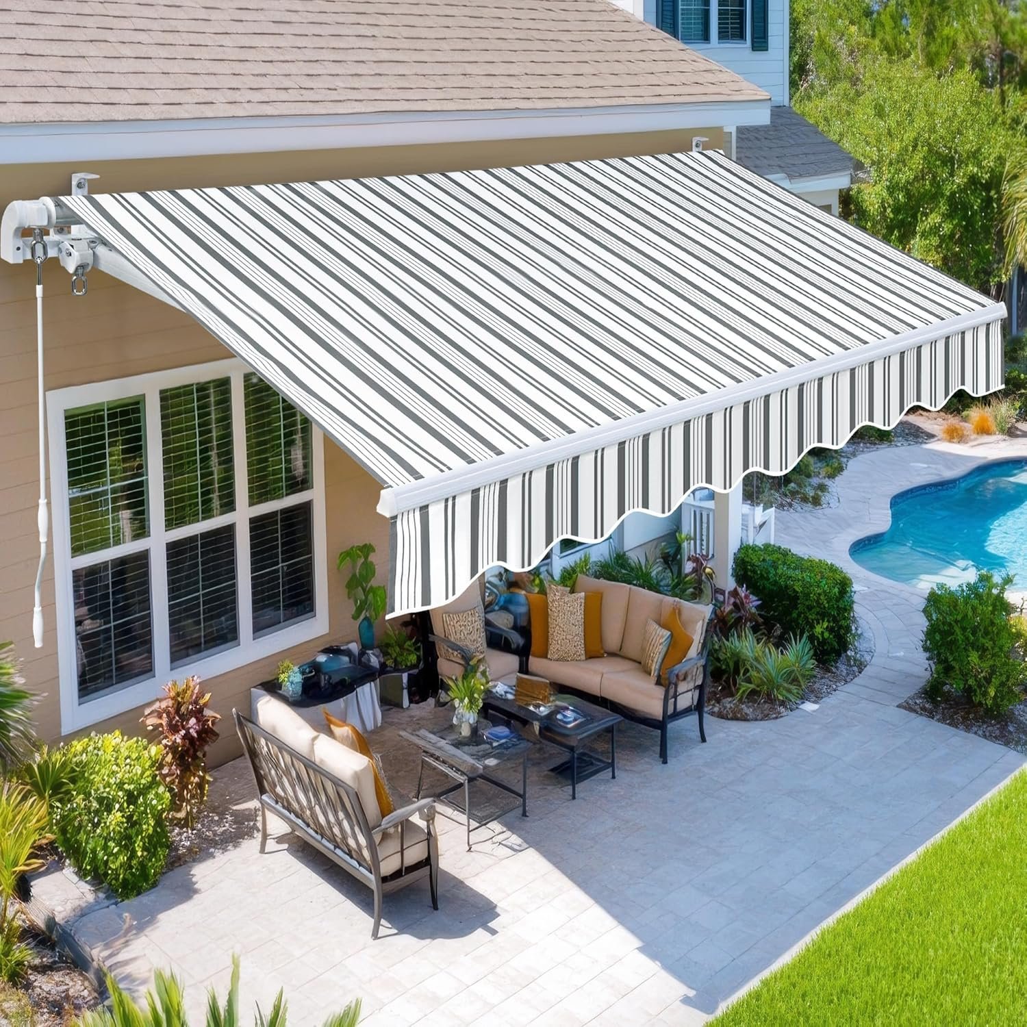 Paramondo 13.1’x9.8′ Patio Awning Retractable Fully Assembled, Grey White | Manual Sunshade Shelter Outdoor Deck Canopy Balcony Awning Cover – Premium Quality 280G Ployester Aluminum Frame