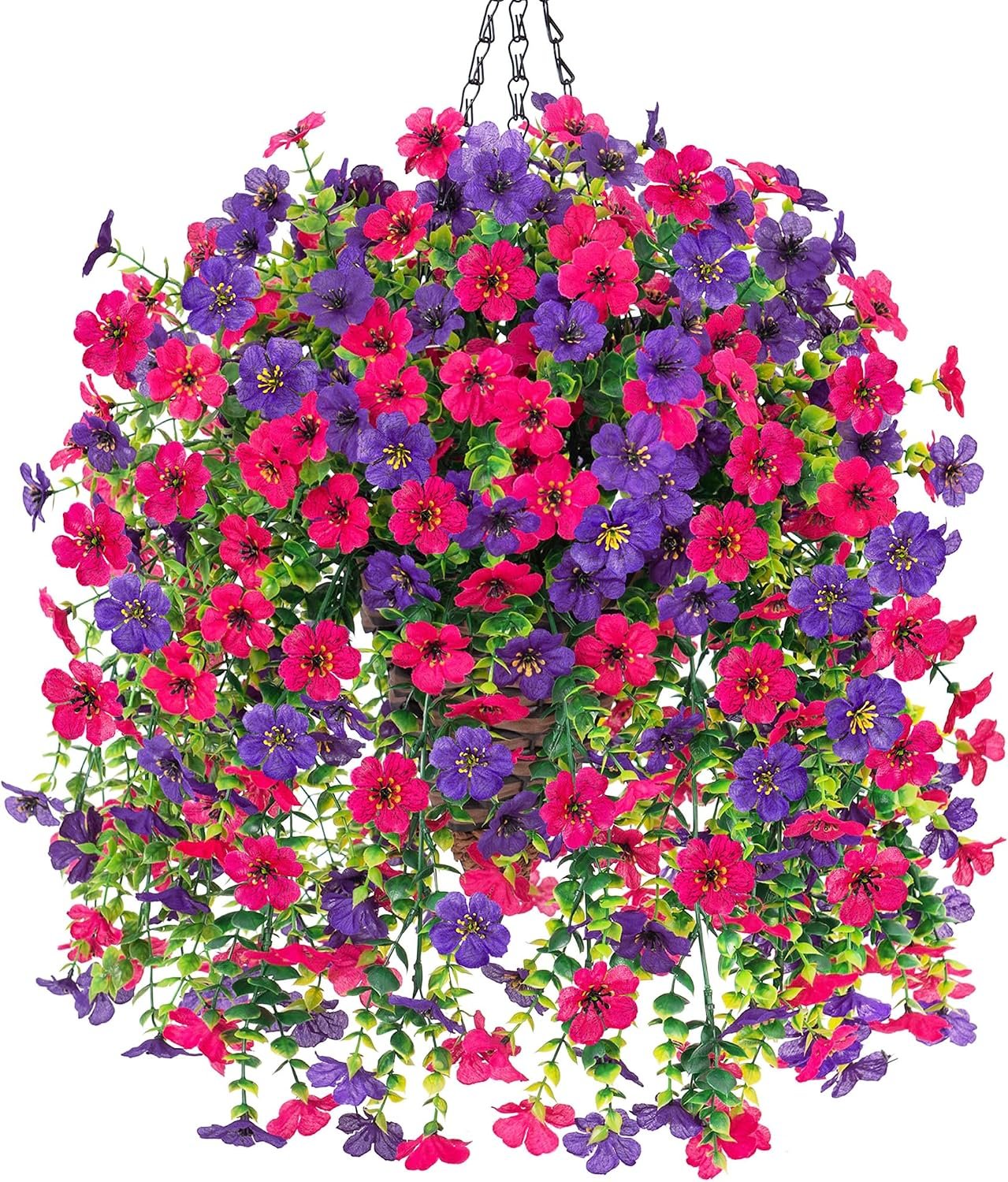 HyeFlora Artificial Hanging Flowers Basket for Outdoor, Fake Flowers Faux Plants Look Real for Yard Gardens Porch Patio Home (Darkpurple+Hotpink)