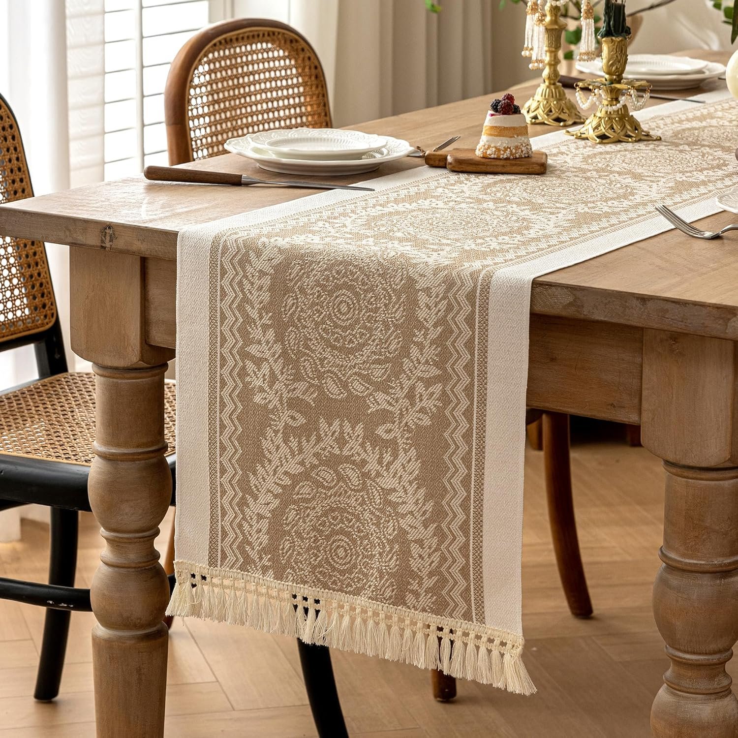 Coffee Mandala Linen Table Runner with Tassels, 14×72 Inch | Coffee Boho Mandala Fringe Table Runner, Stain Heat Resistant Linen Blend for Seats 4-6 / Dining Table