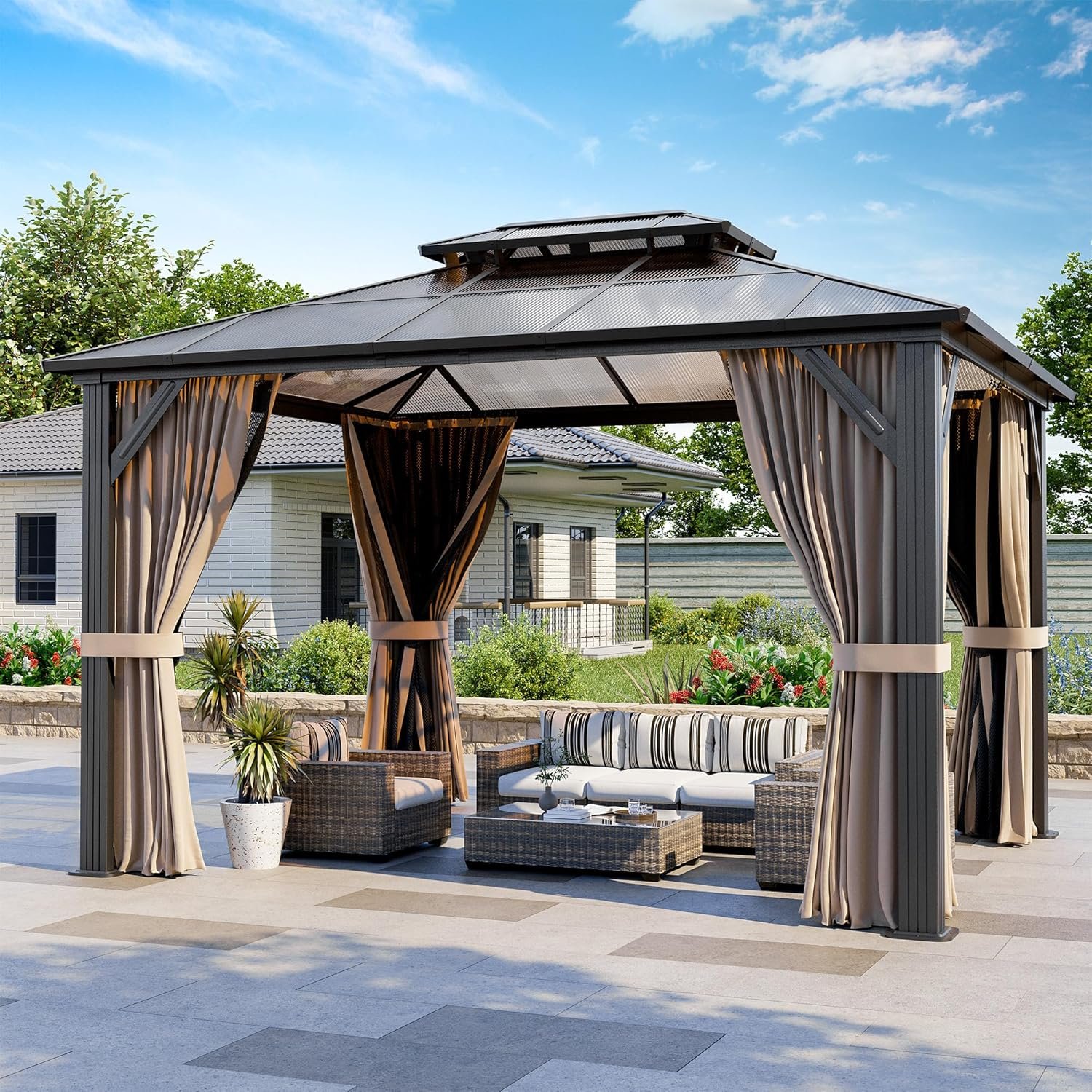 AirWire 10’x12′ Aluminum Polycarbonate Roof Gazebo Brown | Outdoor Hardtop Pergola with Aluminum Frame, Curtains and Netting, Sunshade for Garden, Patio, Lawns
