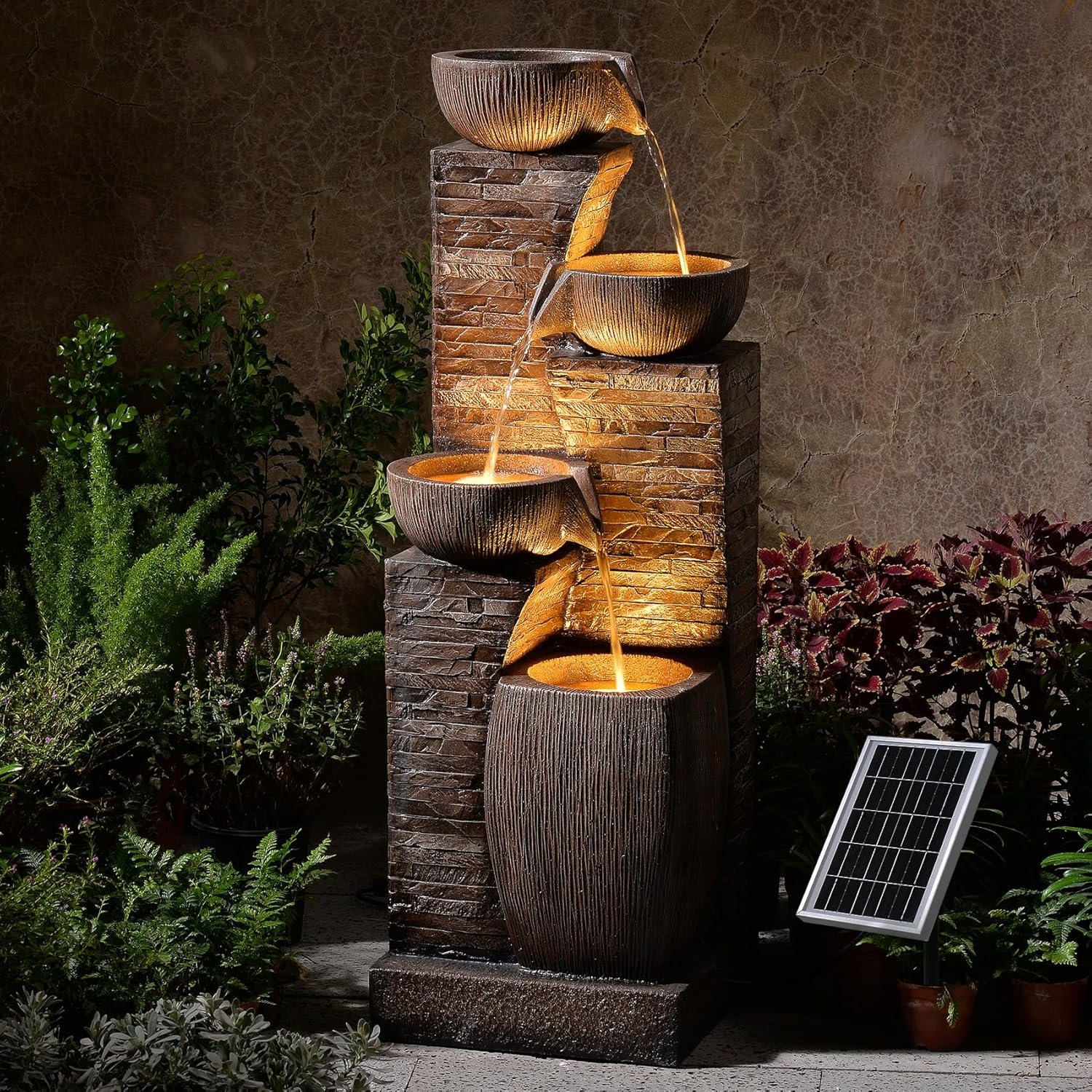 38.2″ Tall Solar Powered Water Fountain for Outdoor,4 Tiers Modern Cascading Bowls and Stacked Stones Solar Fountains with LED Lights for Garden, Patio, Deck, Backyard and Home Art Decor