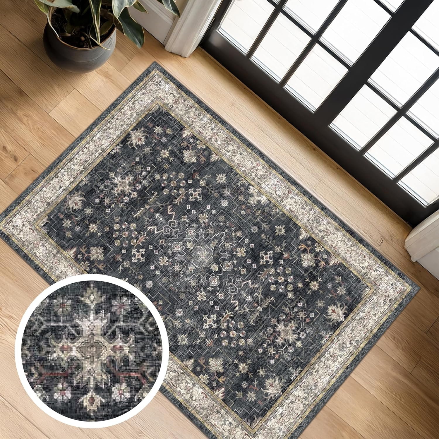 Black Washable 2×3 Entry Rug, Small Rugs for Entryway Kitchen Bathroom Door Mat Indoor Entrance, Non Slip Rubber Backing, Stain & Fade Resistant, Ashen Charcoal Floral Farmhouse Decor