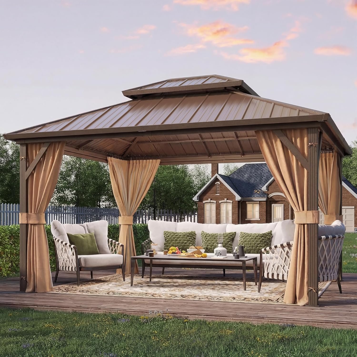 YOLENY 10′ x 12′ Hardtop Gazebo, Metal Gazebo with Aluminum Frame, Double Galvanized Steel Roof, Curtains and Netting Included, Pergolas for Patios, Garden, Parties, Lawns