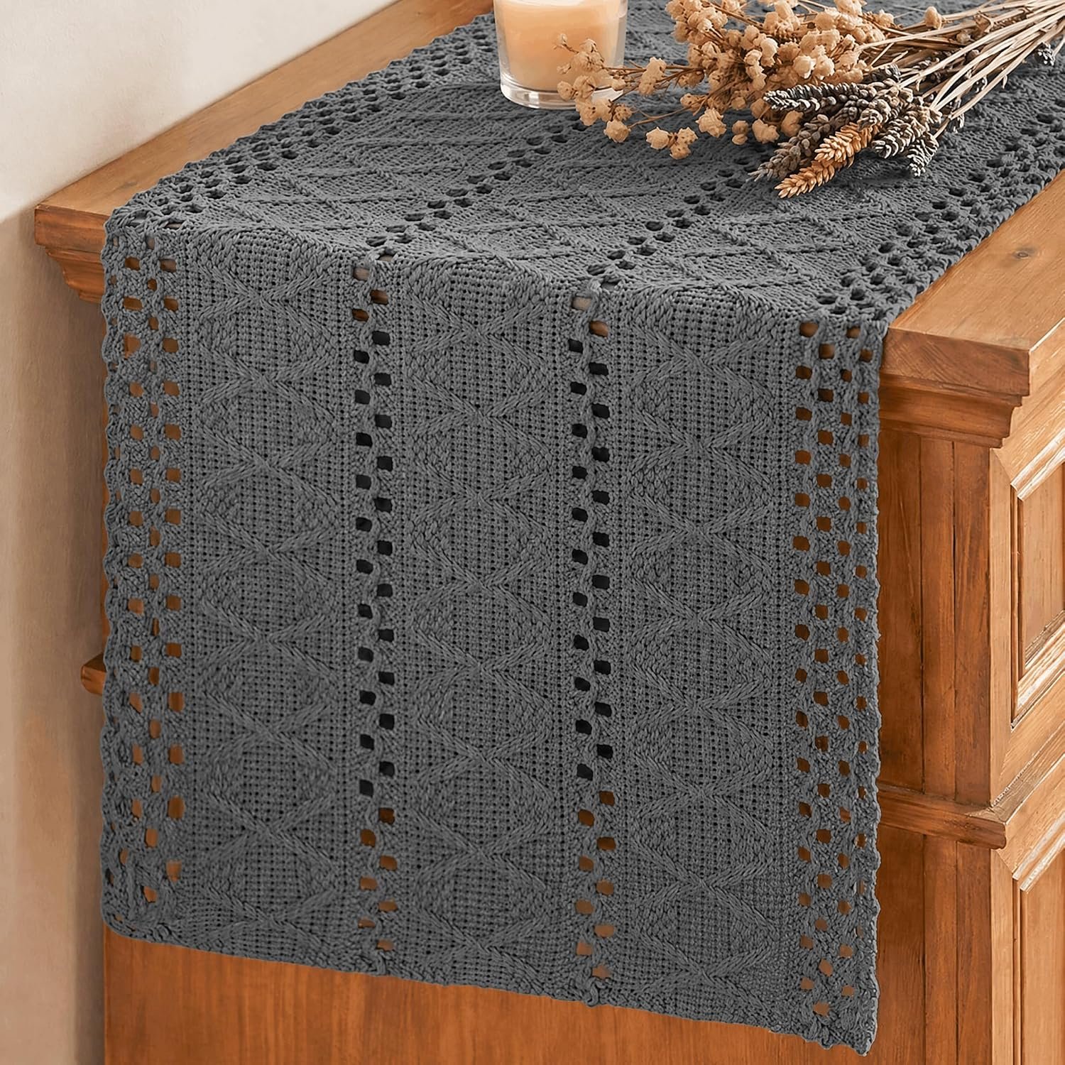 Artoid Mode Dark Grey Woven Farmhouse Hollow Table Runner 12×72 Inch | Holiday Rustic Kitchen Dining Dresser Coffee Table Decoration for Home Party Decor, Macrame Cotton Blend