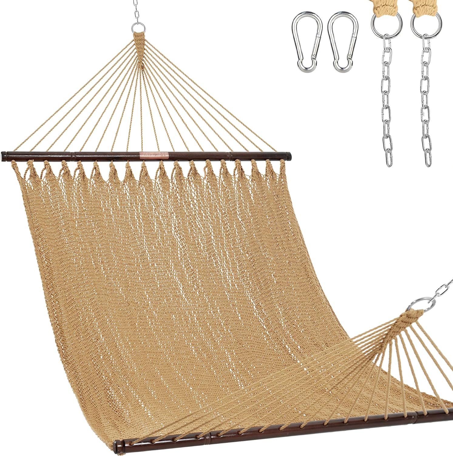 Lazy Daze Hammocks 10.5 FT Double 2 Person Caribbean Rope Hammock, Hand Woven Polyester Hammock with Spreader Bars, for Outside Outdoor Backyard Patio Poolside, 450 LBS Capacity, Tan