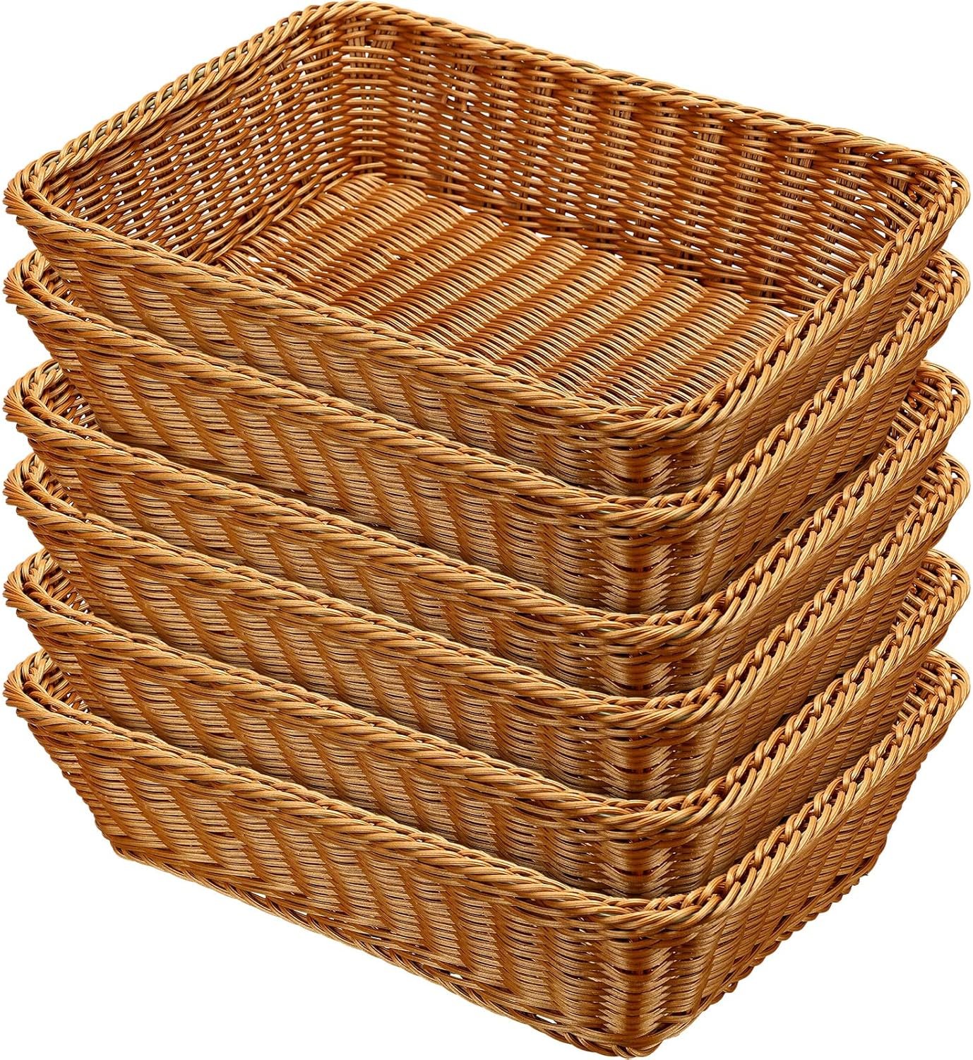 Eccliy 6 Pack Wicker Bread Baskets 15.8 Inch Woven Serving Basket for Gifts, Poly Wicker Storage Rectangle Rattan Display Trays for Bread Food Vegetables Fruit Snacks Tabletop Restaurant Home