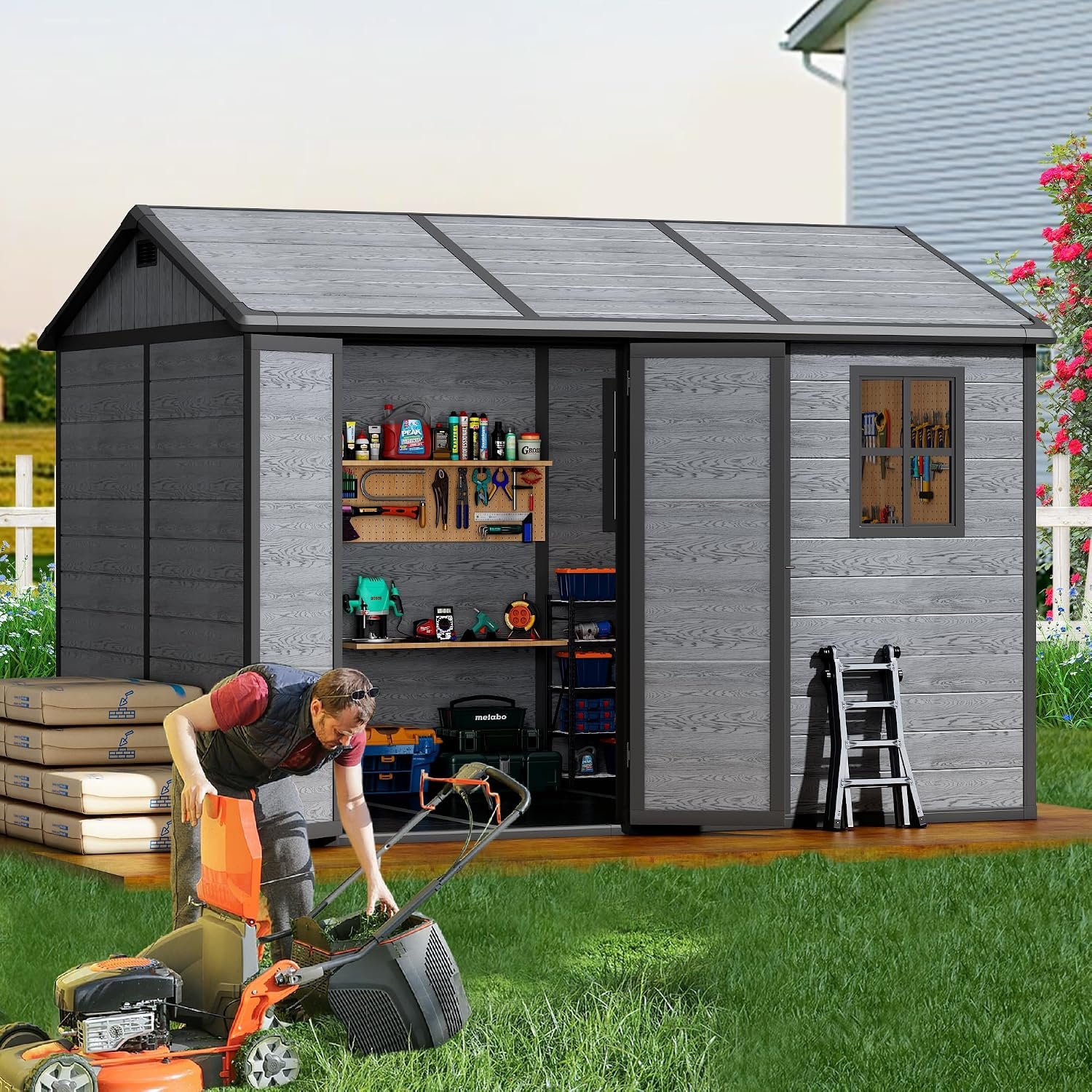 Pipleo 8×10 FT Outdoor Storage Resin Shed with Floor, All-Weather Plastic Garden Shed with Lockable Door & Windows, Waterproof Tool Shed for Backyard, Patio, Lawn, Tools Storage – Wood Grain