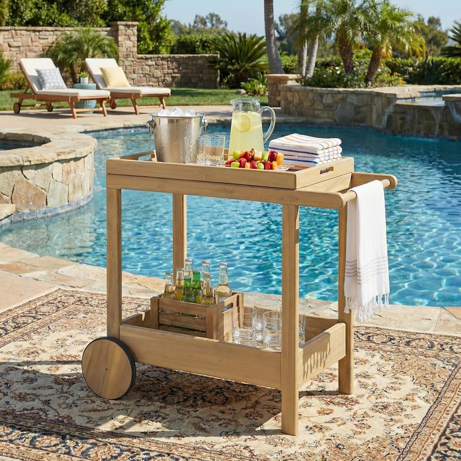 Christopher Knight Home Sara Acacia Wood Outdoor Bar Cart with Wheels, Rolling Kitchen Cart with Tray, Rolling Serving Cart for Patio, Deck & Backyard, Natural Wood