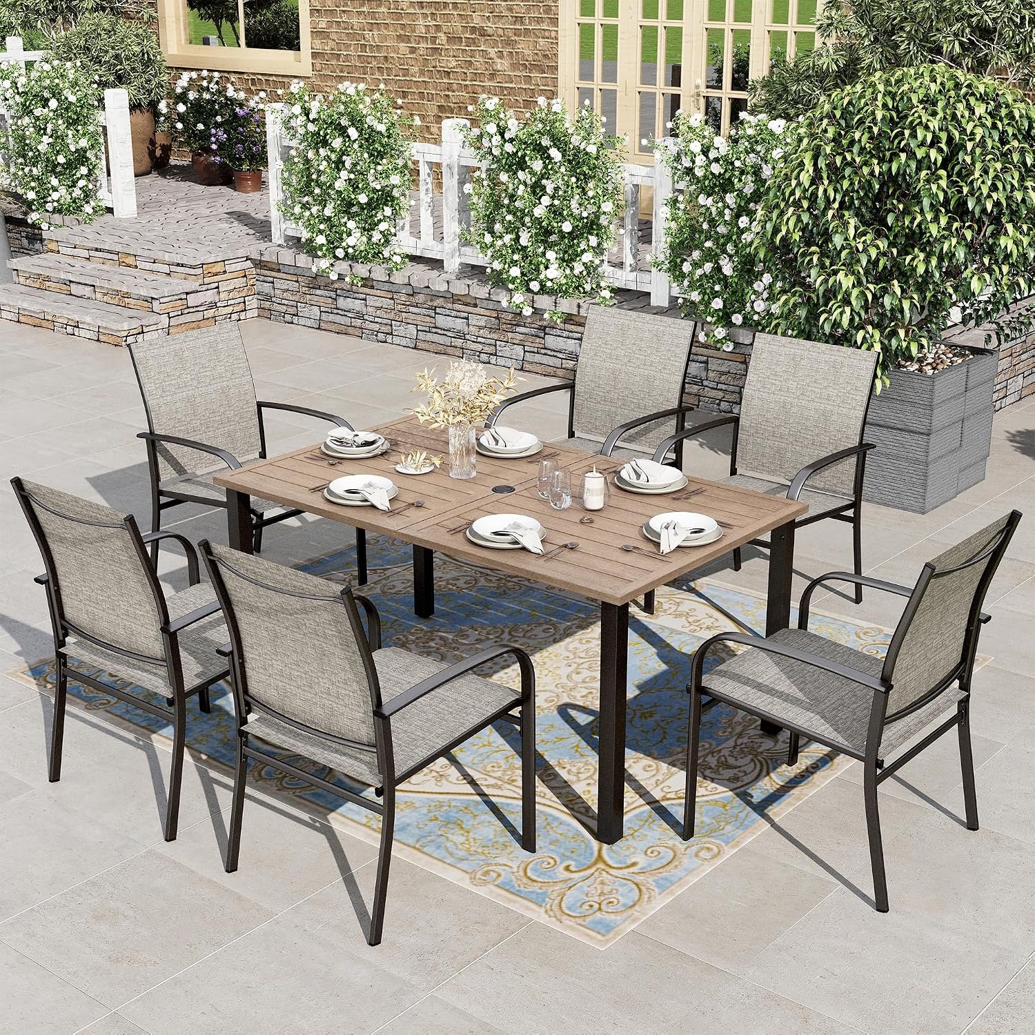 HERA’S HOUSE Outdoor Dining Table for 6, Brown Metal Table w/Umbrella Hole | 60″ rectangle wrought iron table. Slatted top design, weather resistant. Perfect for patio, deck, porch, backyard