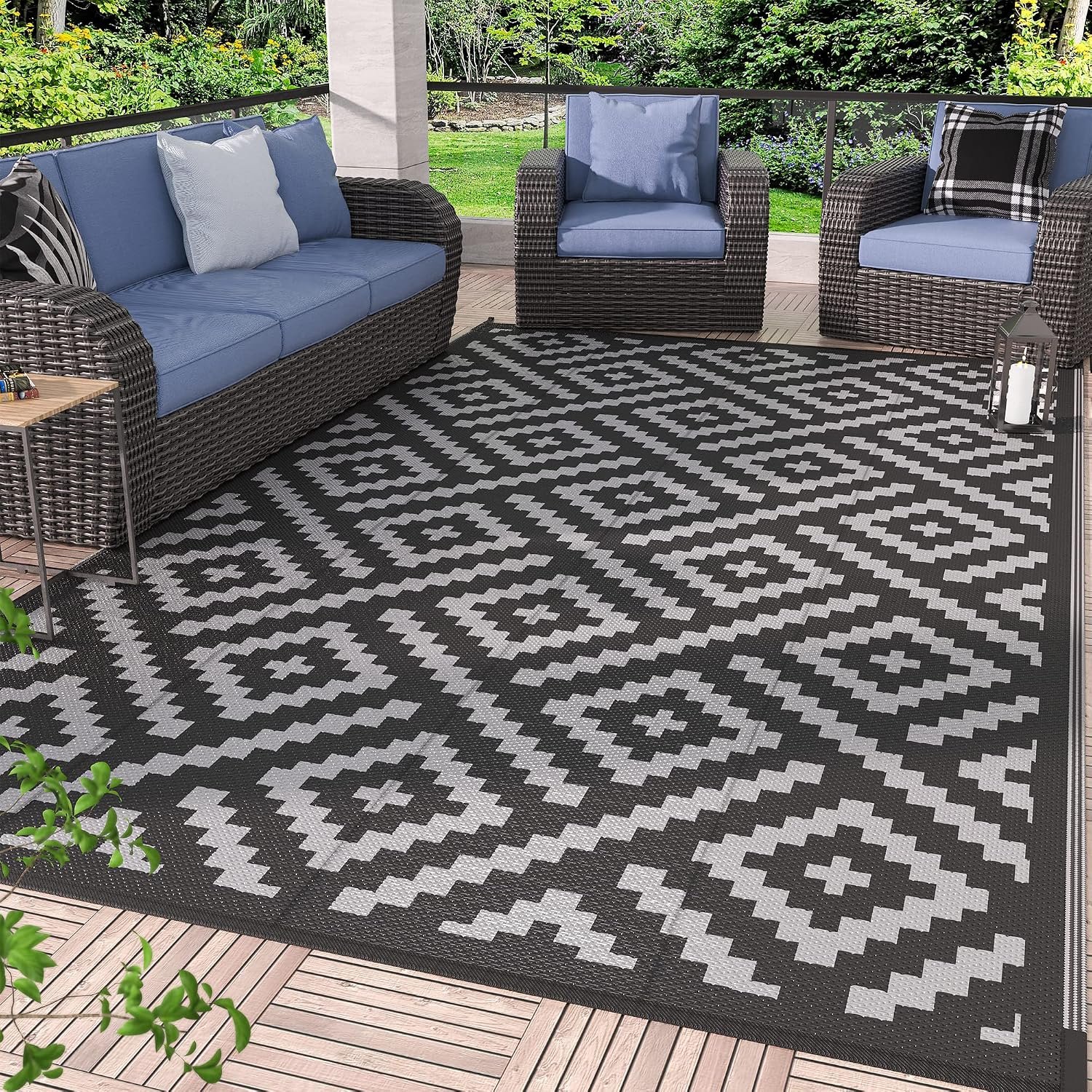 GENIMO Outdoor Rug for Patio Clearance,5’x8′ Waterproof Mat,Reversible Plastic Camping Rugs,Rv,Porch,Deck,Camper,Balcony,Backyard,Black & Gray
